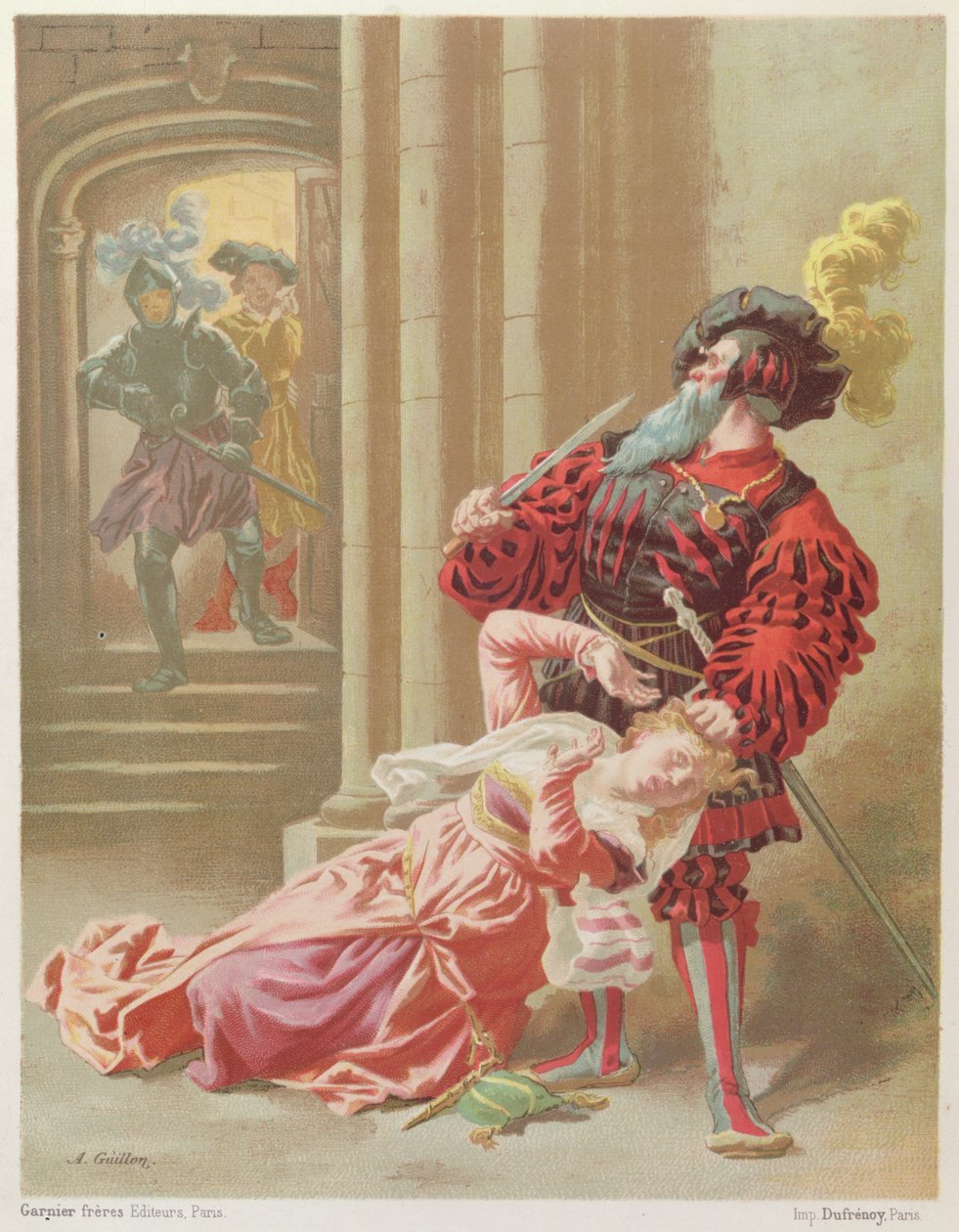 蓝胡子试图杀死他的最后一个妻子，法蒂玛，来自查尔斯·佩罗（1628-1703）的“Contes de ma Mere l&39;Oye”插图，版本卡尼尔，巴黎，19世纪末 作者 弗雷德里克·西奥多·利克斯