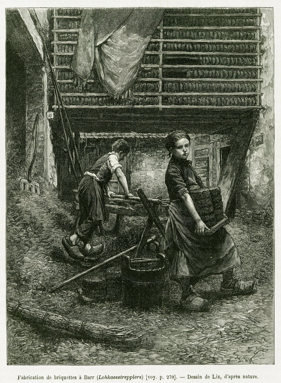 在压块中的童工，巴尔。利克斯的版画，为1887年德国代表查尔斯-格拉德在爱德华-沙特（1807-1890）导演的1888年世界之旅的故事《穿越阿尔萨斯和洛林》作插图，巴黎哈谢特出版社。 作者 弗雷德里克·西奥多·利克斯