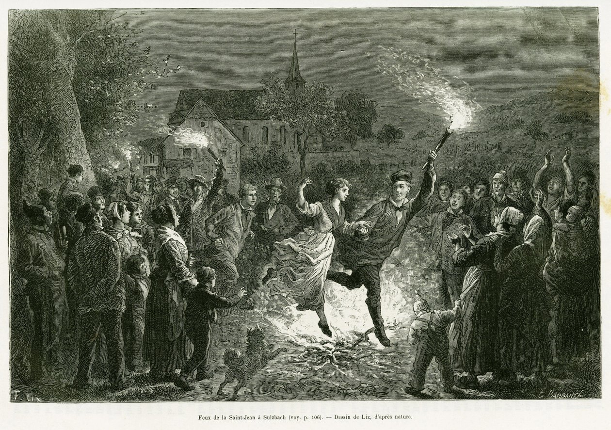 Fire of Saint John in Sulzbach. Engraving by Lix to illustrate the story A travers l
