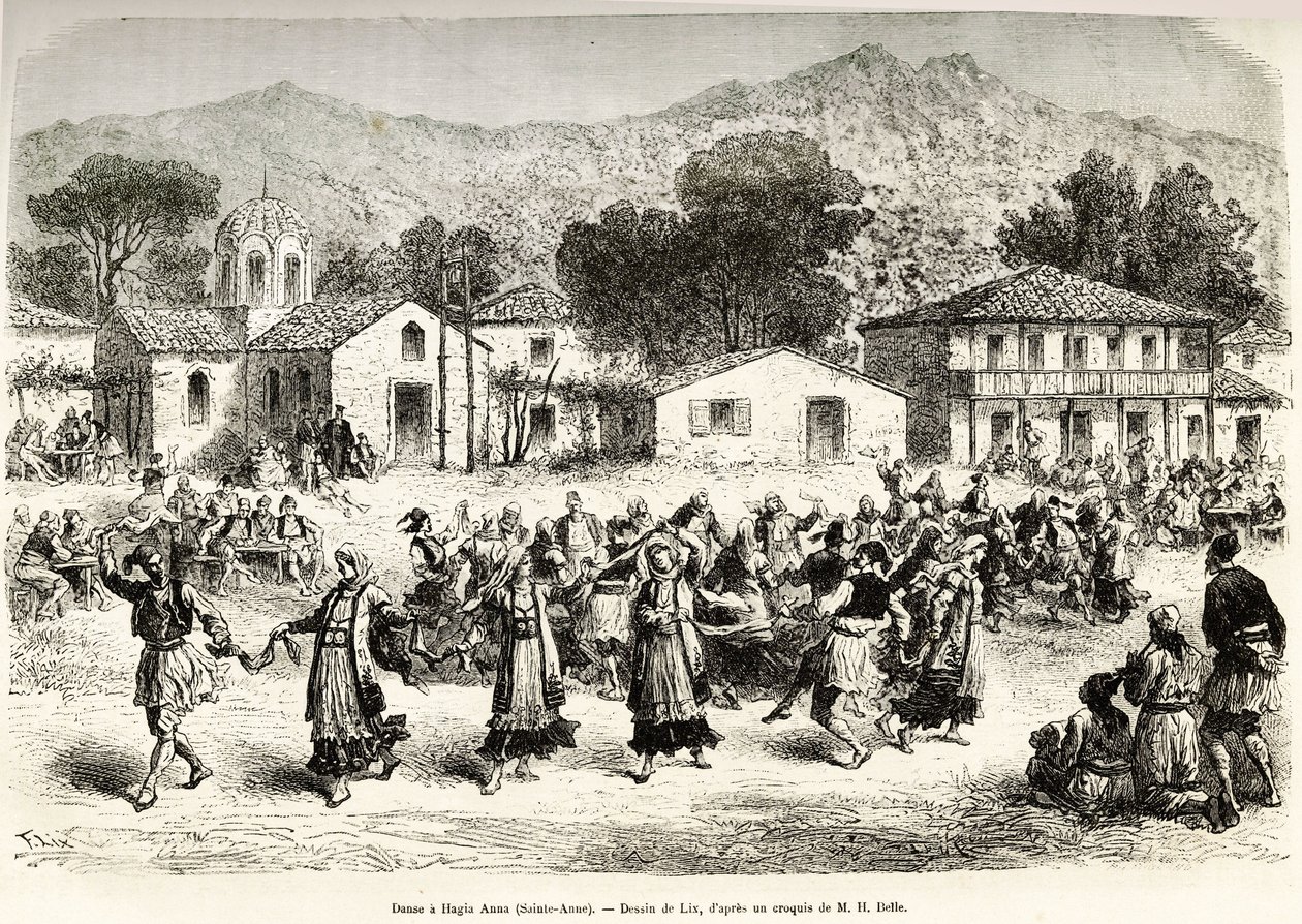 村庄广场上的民间舞蹈Haggia Anna (St. Anne)。根据利克斯的画作绘制的版画，用于说明亨利-贝尔1861-1868-1874年在希腊的航行，发表于《世界之旅》1876年，由爱德华-沙顿编辑，巴黎哈谢特版。 作者 弗雷德里克·西奥多·利克斯