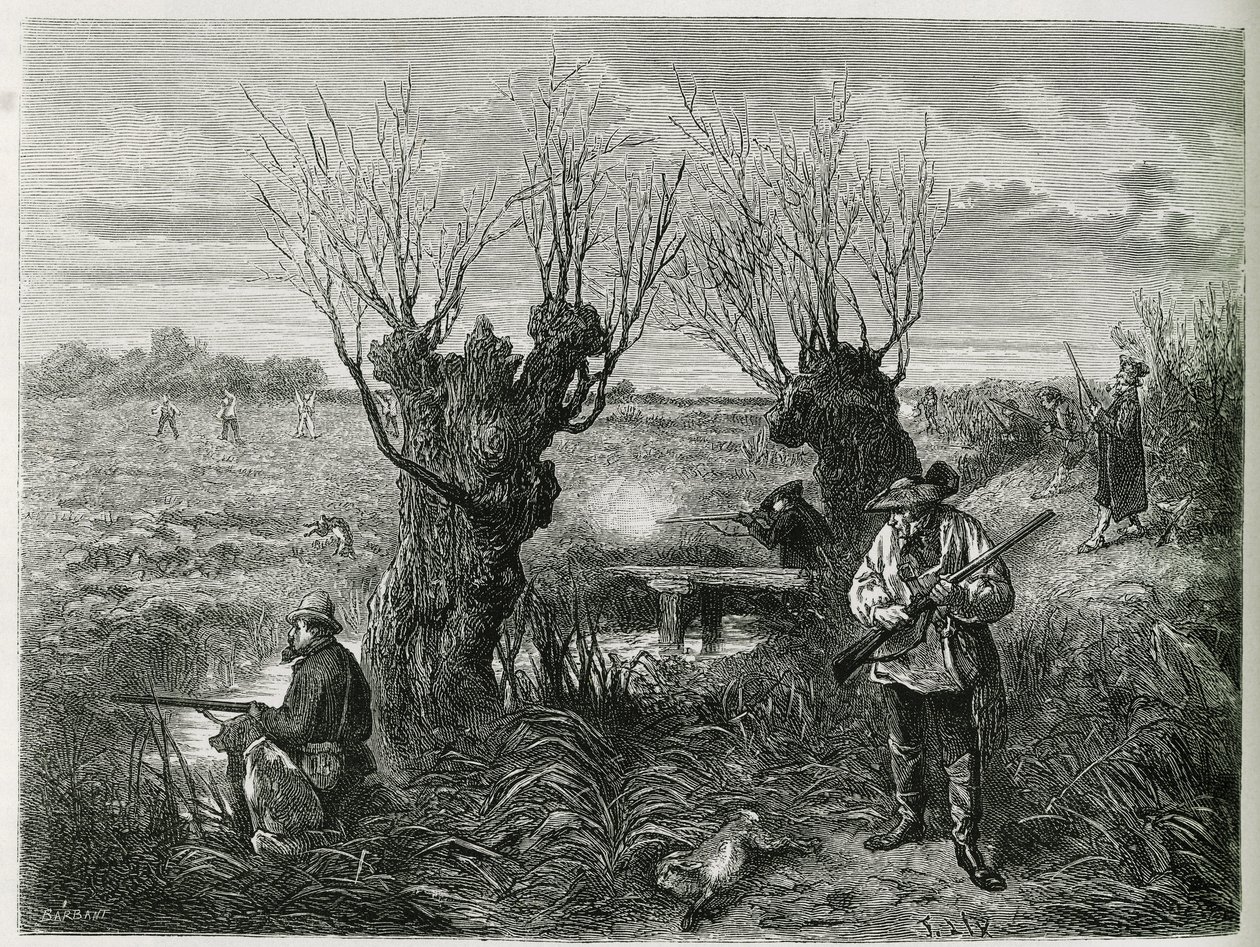 狩猎野兔。 F.Lix的版画，以阐释1884年查尔斯·格拉德（Charles Grad）的故事“穿越阿尔萨斯和洛林” 作者 弗雷德里克·西奥多·利克斯