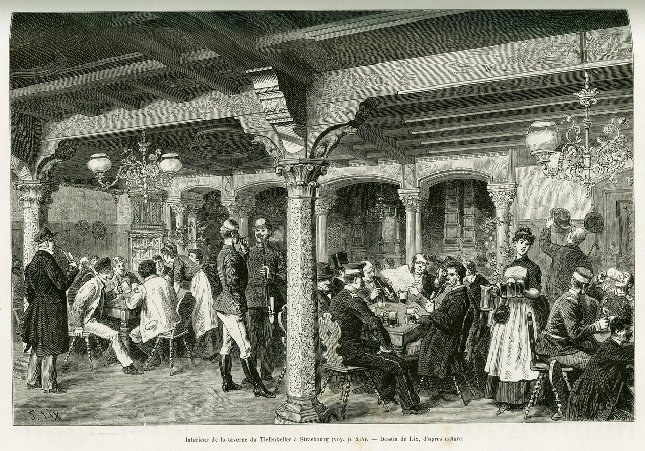 Interior of the Tiefenkeller tavern in Strasbourg. Engraving by Lix, to illustrate the story A Through Alsace and Lorraine, in 1887, by Charles Grad, German depute, in the tour du monde 1888, directed by Edouard Charton (1807-1890), Hachette, Paris. 作者 弗雷德里克·西奥多·利克斯