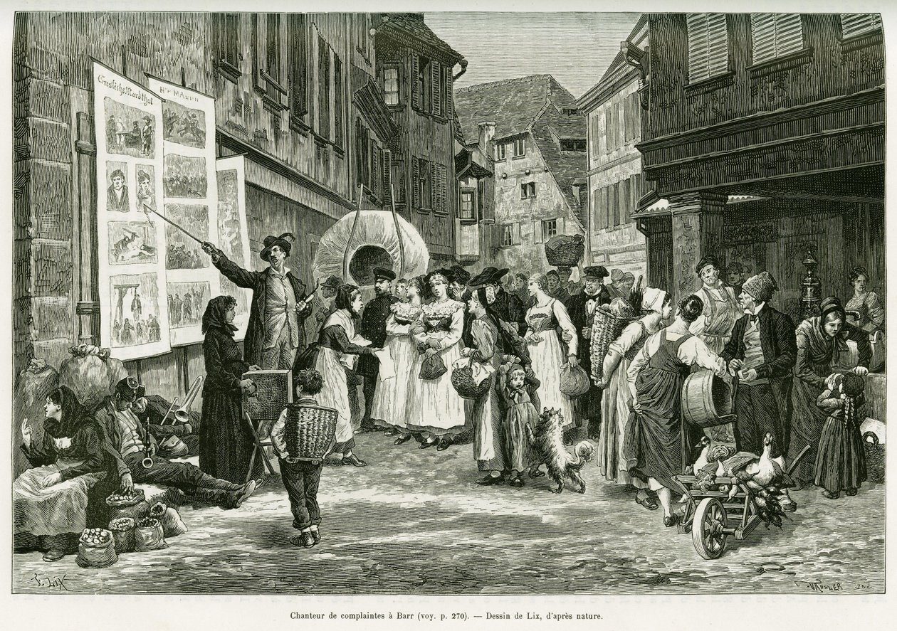 Lament singer in the streets of Barr. Engraving by Lix, to illustrate the story A Through Alsace and Lorraine, in 1887, by Charles Grad, German depute, in the tour du monde 1888, directed by Edouard Charton (1807-1890), Hachette, Paris. 作者 弗雷德里克·西奥多·利克斯