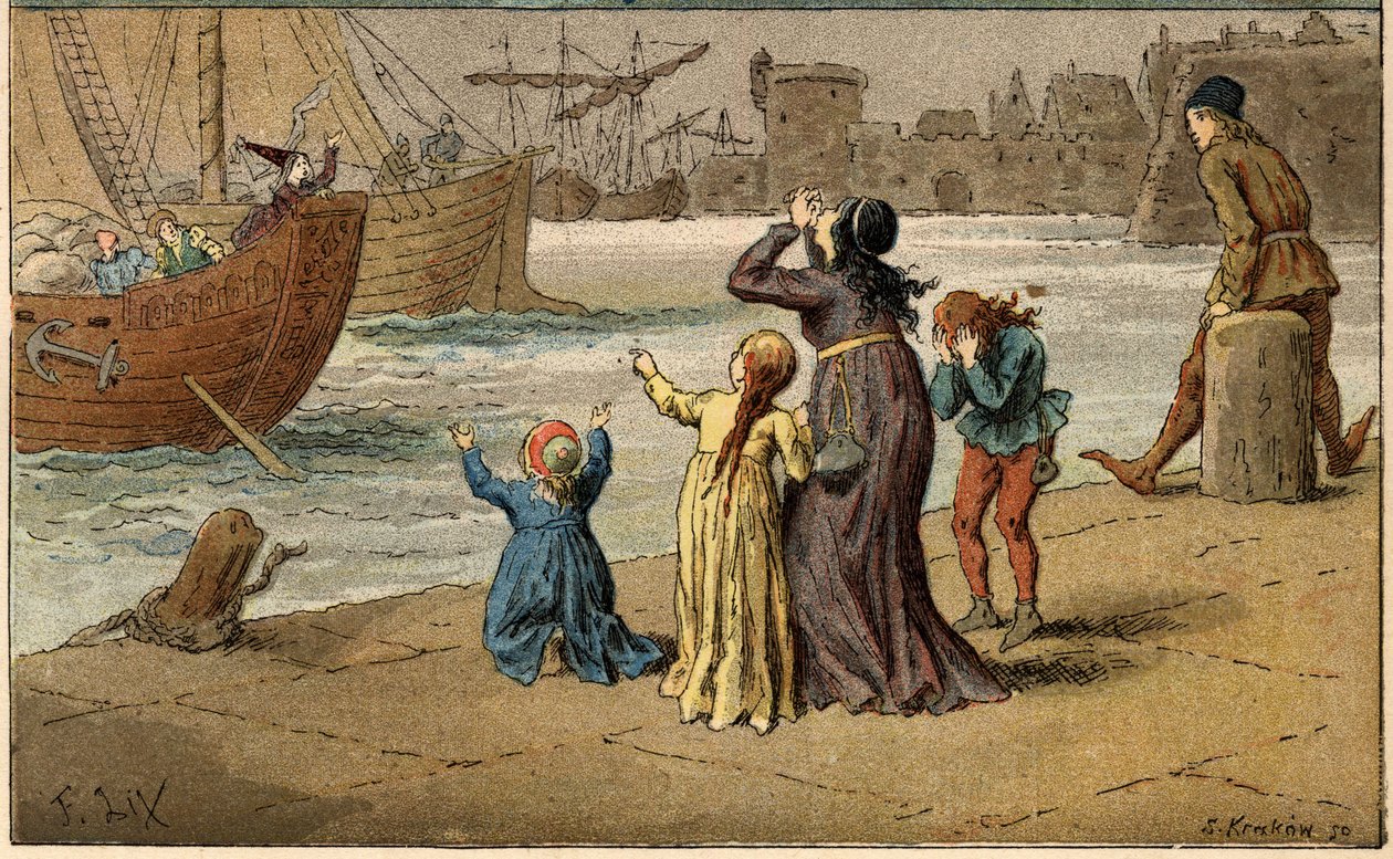 流行歌曲。"A Nantes est arrive"。孩子们哀悼他们的大海，被一个水手带走了。弗雷德里克-西奥多-利克斯（Frederic Theodore Lix，1830-1897）在 "法国各省的儿童歌谣和圆舞曲 "中的插图（细节）。 作者 弗雷德里克·西奥多·利克斯