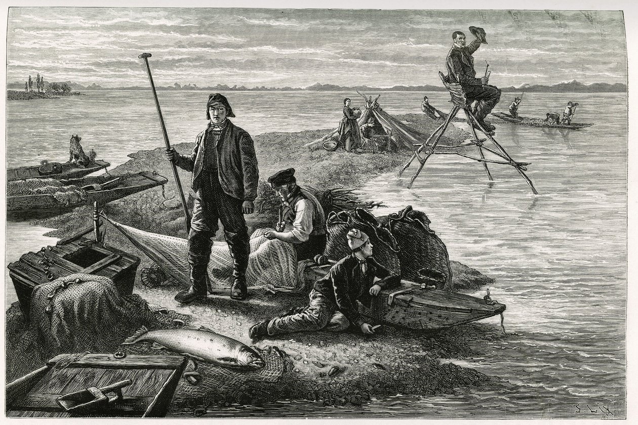 钓鲑鱼。 由 F.Lix 雕刻，以说明“穿越阿尔萨斯和洛林”的故事，1884 年，由德国代表、作家和博物学家查尔斯·格拉德 (Charles Grad，1842-1890 年) 创作。 发表于 Le Tour du monde, nouveau journal des voyages, 1885 年第二学期，编辑 作者 弗雷德里克·西奥多·利克斯