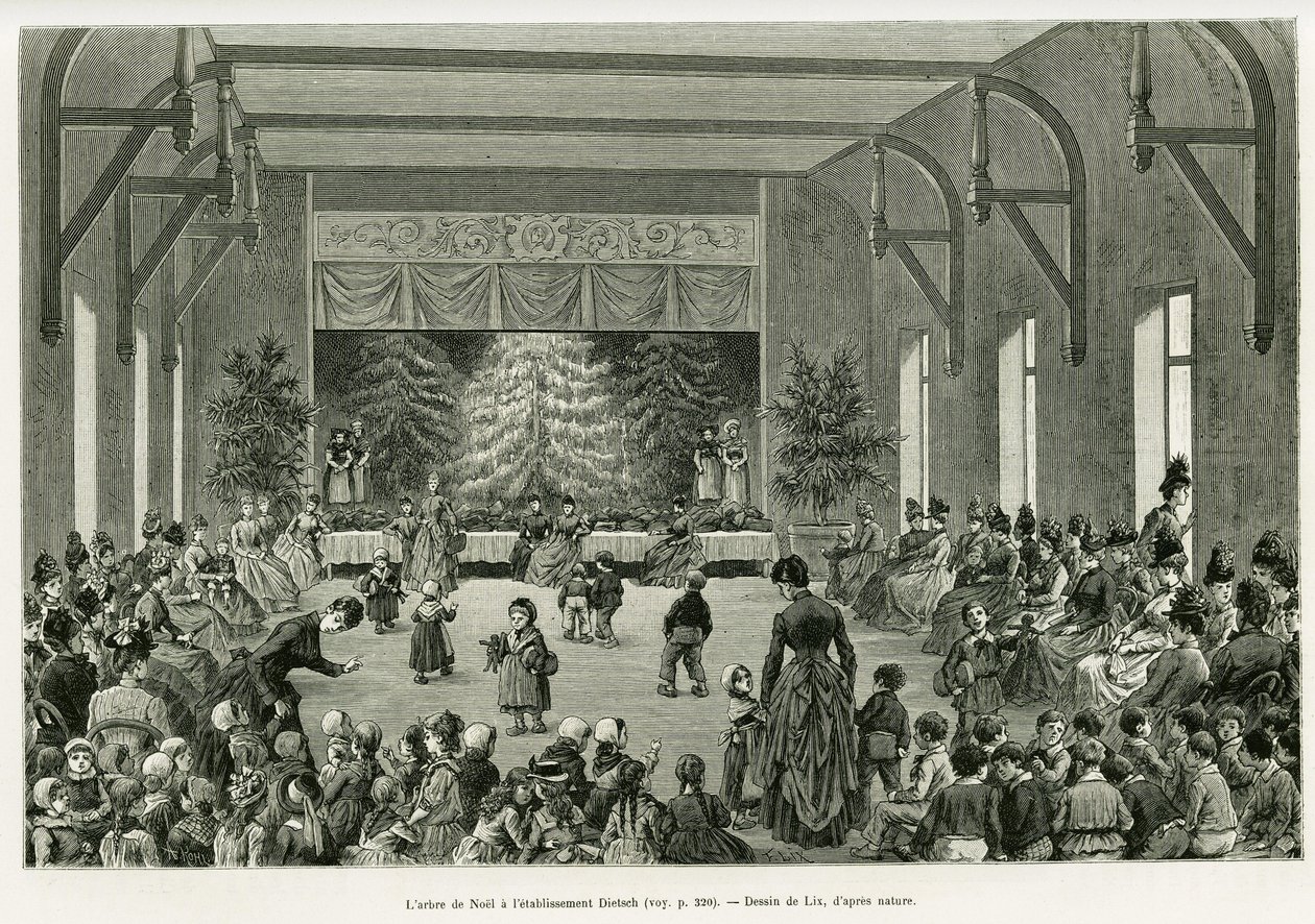 The Christmas tree at the Dietsch establishment. Engraving by Lix, to illustrate the story A Through Alsace and Lorraine, in 1887, by Charles Grad, German depute, in the tour du monde 1888, directed by Edouard Charton (1807-1890), Hachette, Paris. 作者 弗雷德里克·西奥多·利克斯