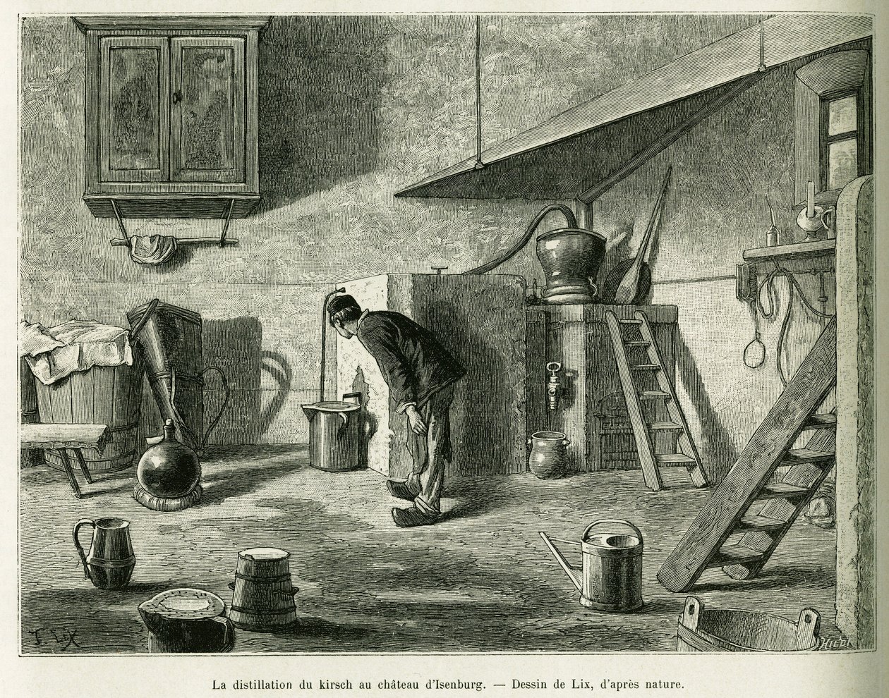 伊森堡城堡的基尔希酒蒸馏过程。利克斯的版画，为1887年德国副总统查尔斯-格拉德在爱德华-沙尔东（1807-1890）导演的1888年世界之旅的故事《穿越阿尔萨斯和洛林》作插图，巴黎哈谢特出版社。 作者 弗雷德里克·西奥多·利克斯