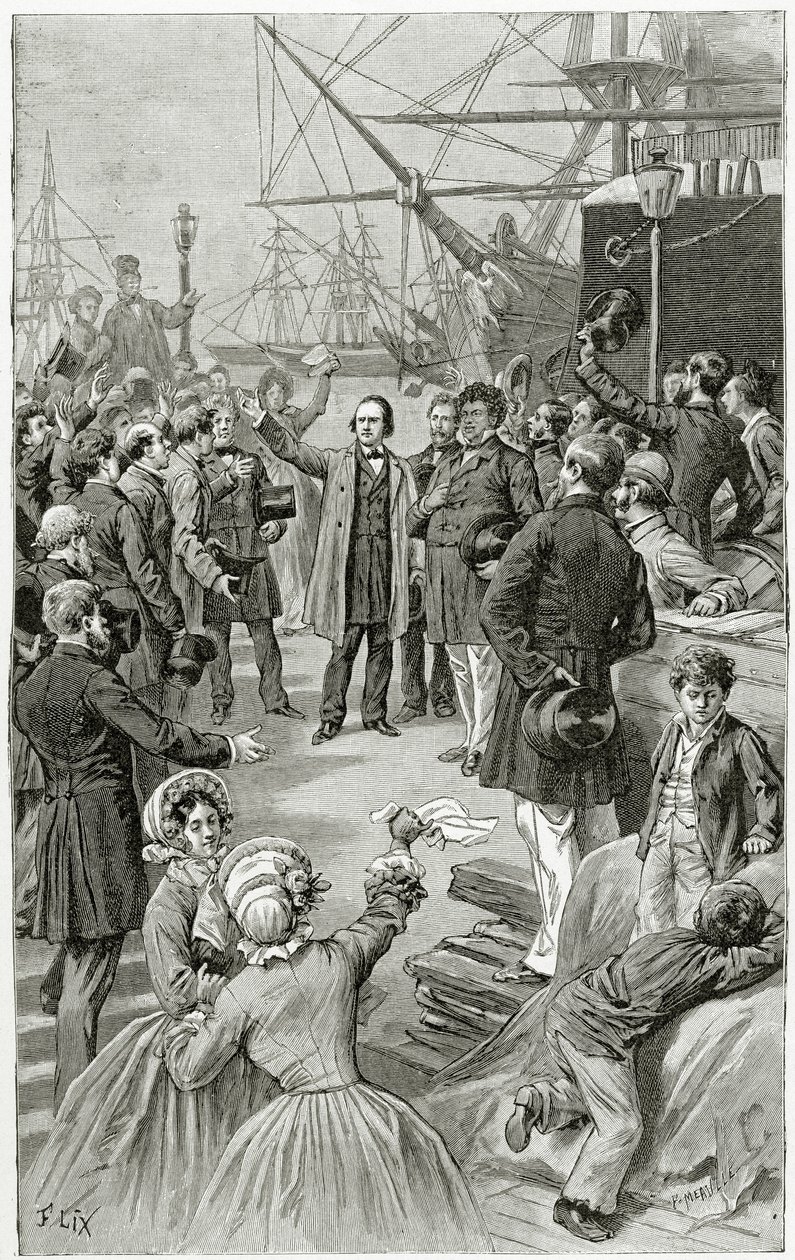 维克多·雨果在1852年8月1日，19世纪流亡期间的演讲中欢呼一个普遍的共和国（bw雕刻） 作者 弗雷德里克·西奥多·利克斯