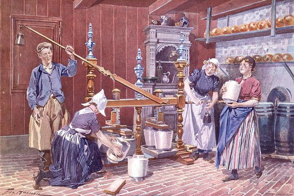 荷兰的奶酪生产，约1900年（彩色平版印刷）。 作者 弗雷德里克·德·哈嫩