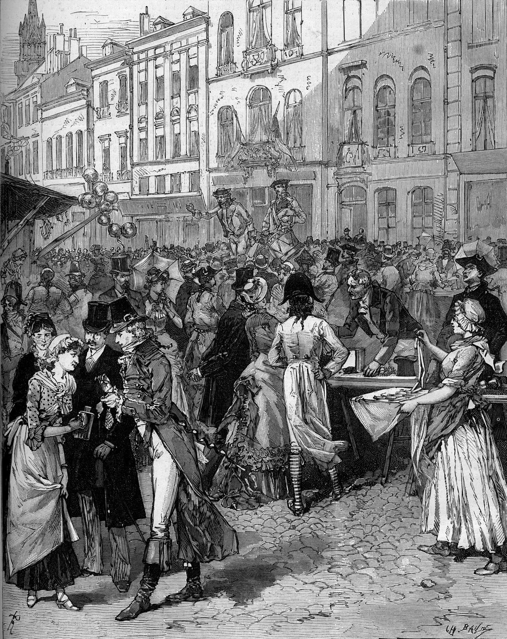 1792年里尔围城纪念活动的历史性庆祝活动：18世纪时髦的居民在城市街道上举行的Braderie Watteau（大集市）。De Haenen在10月21日的 "Le Monde Illustré "第1334期上的版画。 作者 弗雷德里克·德·哈嫩