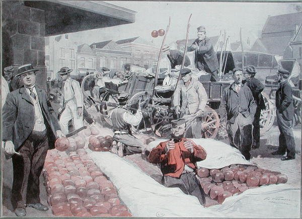 阿尔克马尔的奶酪市场，约1910年（彩色平版印刷）。 作者 弗雷德里克·德·哈嫩