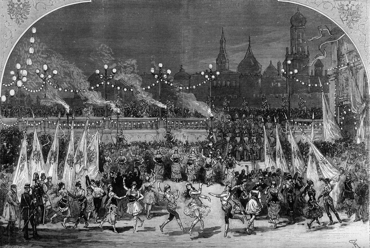 戏剧性的表现。"儒勒-凡尔纳（1828-1905）和阿道夫-德-埃纳里（Dennery）（1811-1899）的《米歇尔-斯特罗戈夫》。第3幅画。莫斯科灯火通明，火炬手在吉普赛人的舞动下退场。卡佩扎尔和拉瓦斯特的装饰。巴黎，夏特莱剧院 作者 弗雷德里克·德·哈嫩