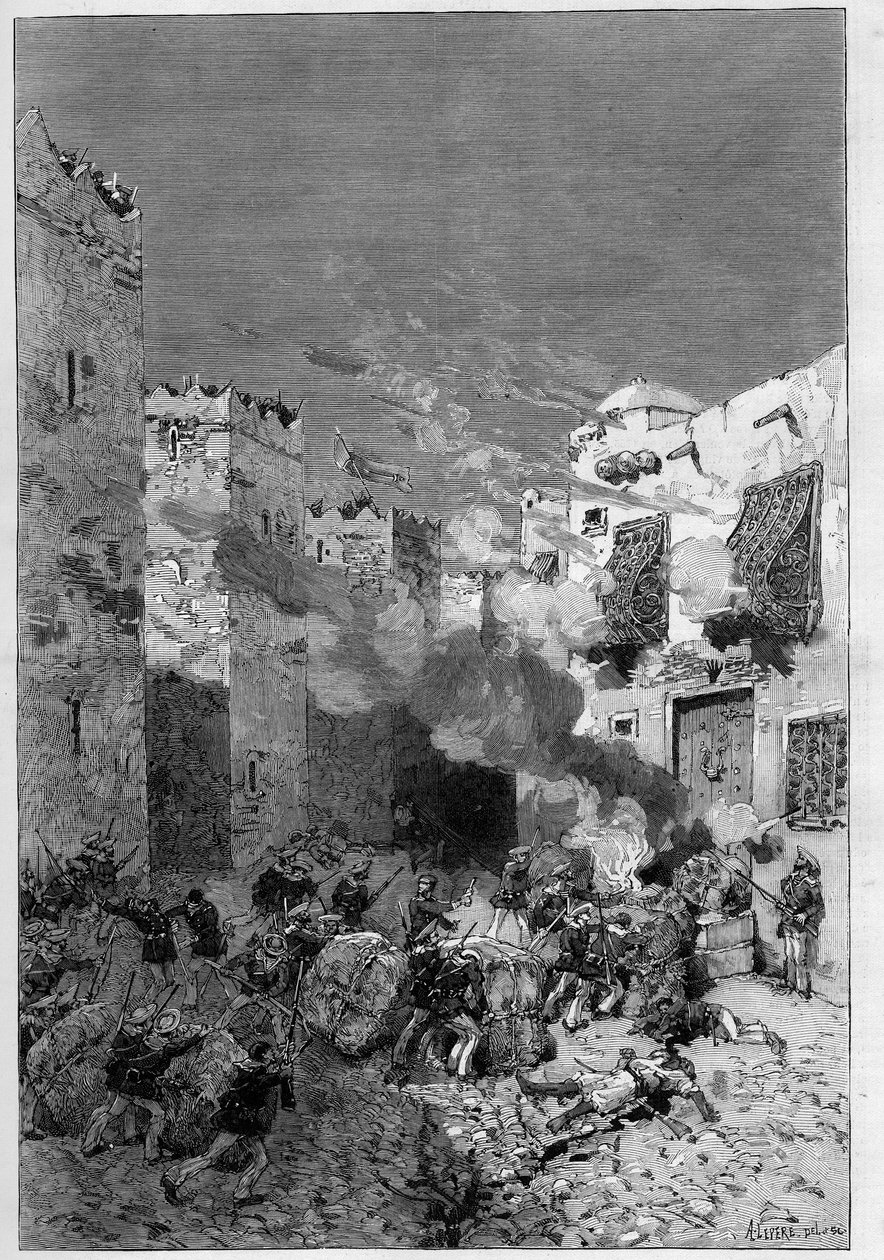 突尼斯，1881年7月。在居民反抗法国突尼斯保护国之后，法国军队占领了斯塔克斯城。海军陆战队的步枪对位于casbah（卡斯巴）脚下的阿拉伯人房屋进行扫射--德-哈嫩在《插图》中的雕刻。 作者 弗雷德里克·德·哈嫩