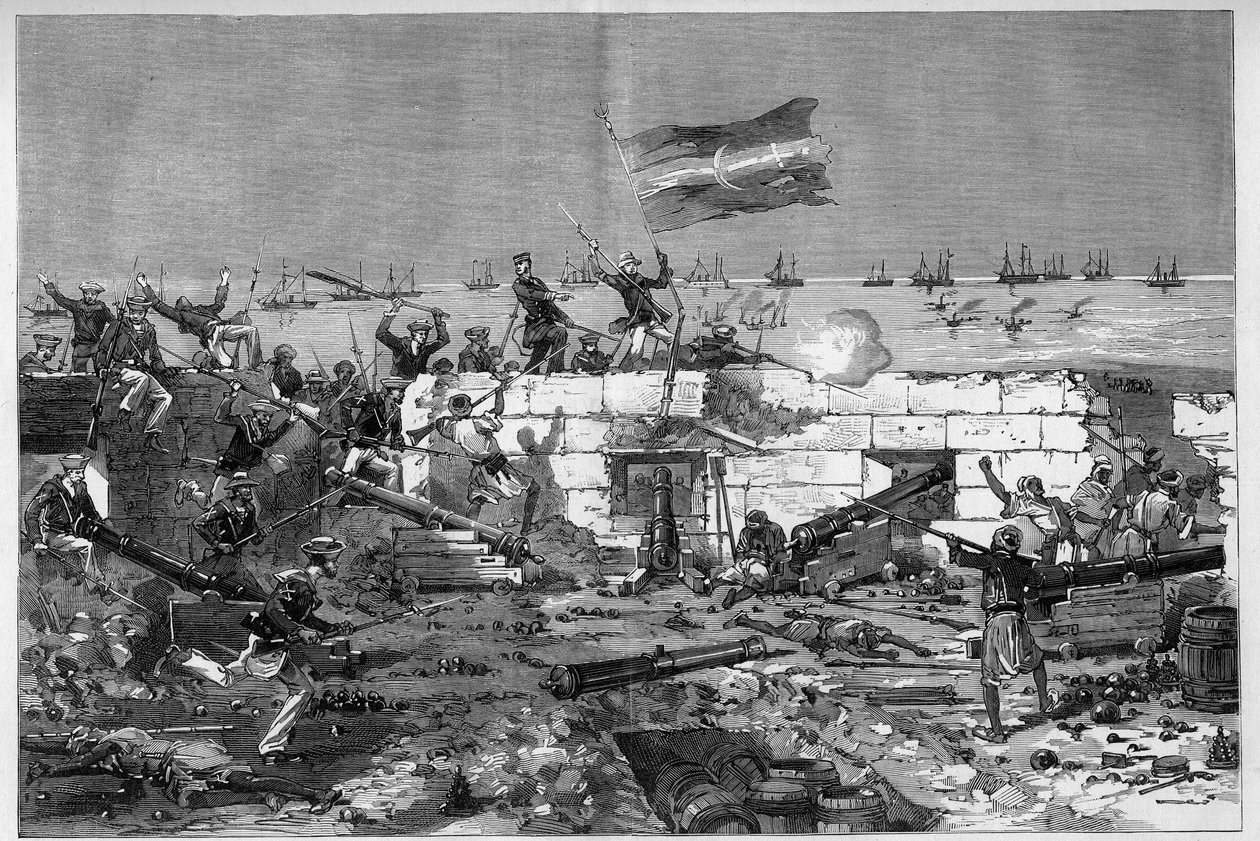 突尼斯，1881年7月。在居民反抗法国的突尼斯保护国之后，法国军队占领了斯塔克斯城。海军陆战队的步枪摘下圆形炮台。8月20日《图解世界》第1273期上的德-哈嫩的雕刻作品。 作者 弗雷德里克·德·哈嫩