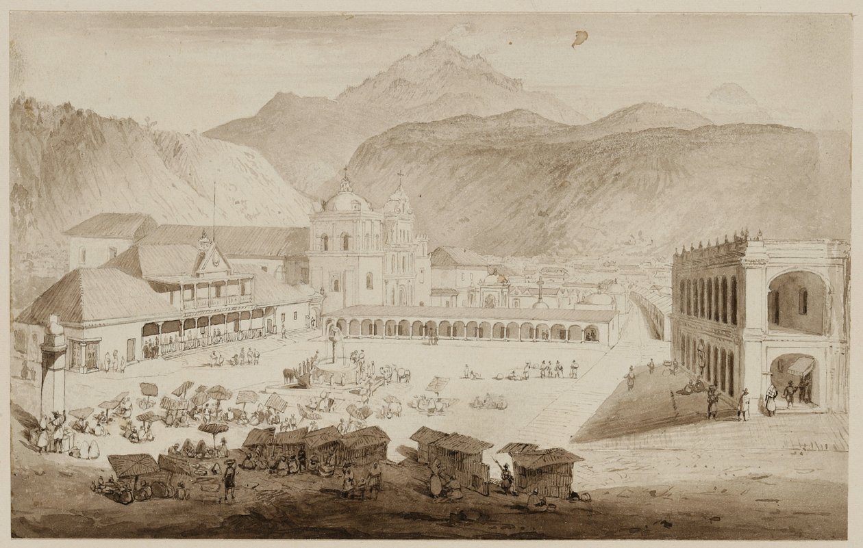 中美洲Quezaltenango市，1840年（笔和墨水在奶油纸上洗） 作者 弗雷德里克·凯瑟伍德