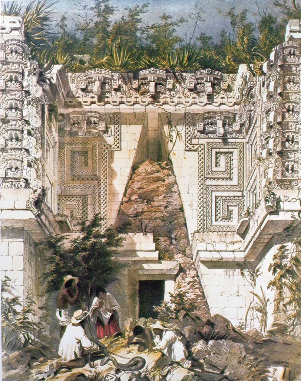 总督府，乌斯马尔，尤卡坦，墨西哥，1844年（彩色光刻） 作者 弗雷德里克·凯瑟伍德