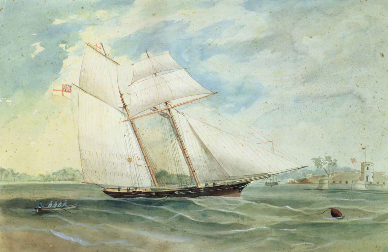 农场小海湾和堡垒麦格理，与前景的帆船，c.1859-68 作者 弗雷德里克·加林