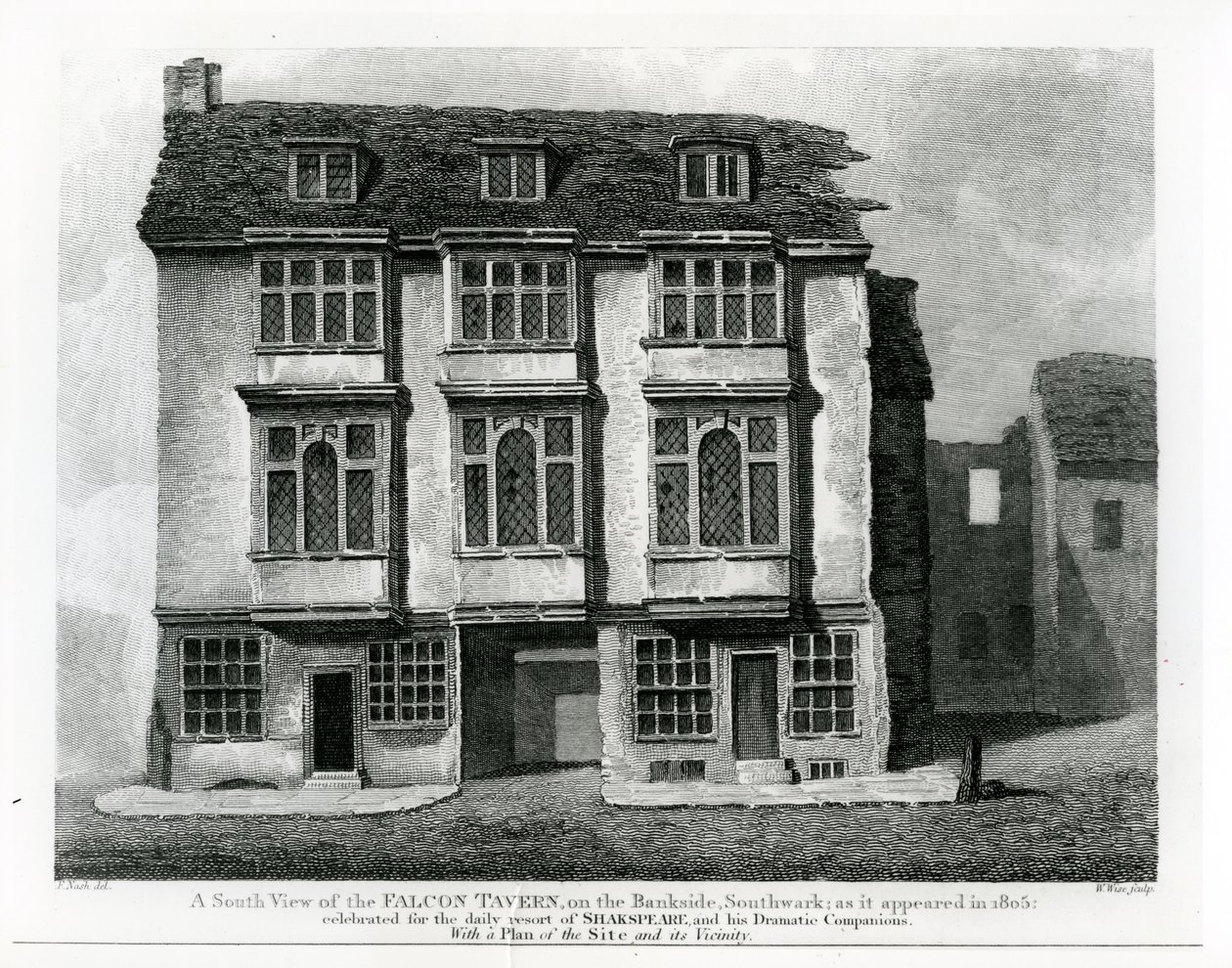 猎鹰酒馆的南视图，位于Bankw，Southwark，由William Wise雕刻，1811年 作者 弗雷德里克·纳什（Frederick Nash）