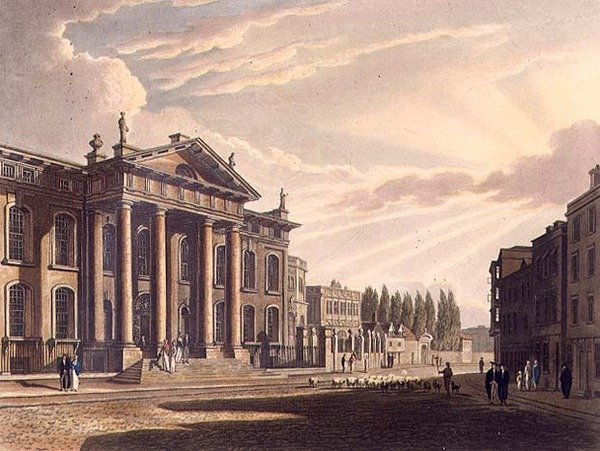 克拉伦登印刷厂的外观，来自《牛津历史》的插图，由Joseph Constantine Stadler（fl.1780-1812）雕刻，由R. Ackermann出版。 作者 弗雷德里克（后）麦肯齐