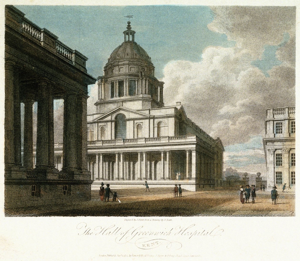 格林威治医院（英格兰肯特郡）景观，描述威廉国王（William）宫廷的穹顶和东北角，后面绘有大厅的北立面，以及玛丽王后庭院和小教堂的一部分 作者 弗雷德里克·纳什（后）