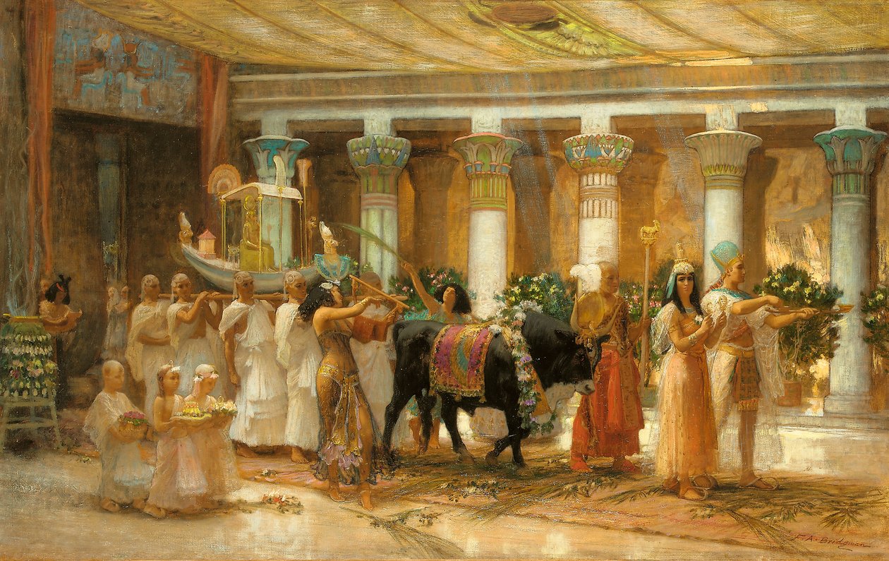 神圣的公牛游行，阿皮斯，约1879年（布面油画） 作者 弗雷德里克·亚瑟·布里奇曼
