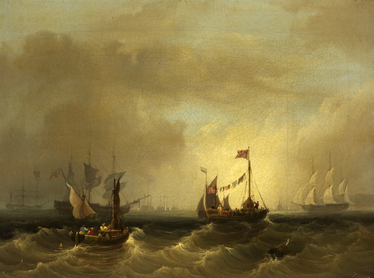 有船的海景（布面油画） 作者 弗雷德里克·卡尔弗特（Frederick Calvert）