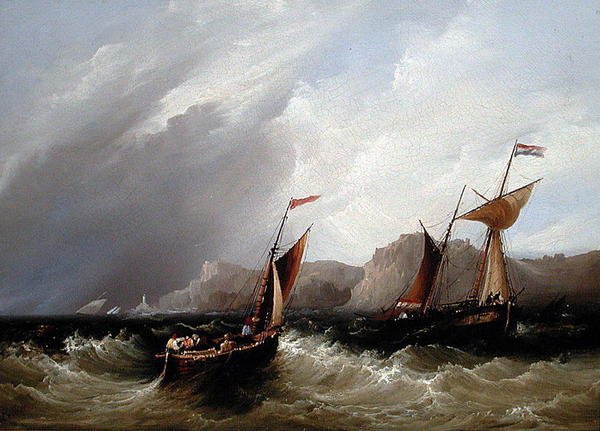 岩石海岸线上的船只（板上油画） 作者 弗雷德里克·卡尔弗特（Frederick Calvert）
