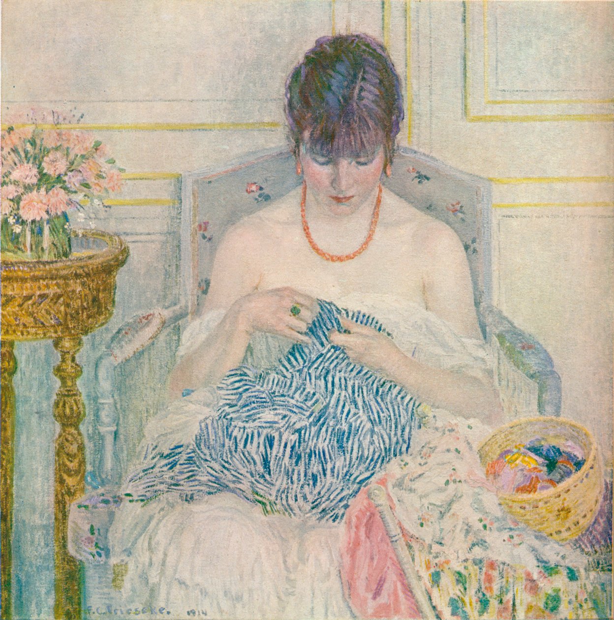 缝纫的女孩，c1894-1914，1914 作者 弗雷德里克·卡尔·弗里泽克
