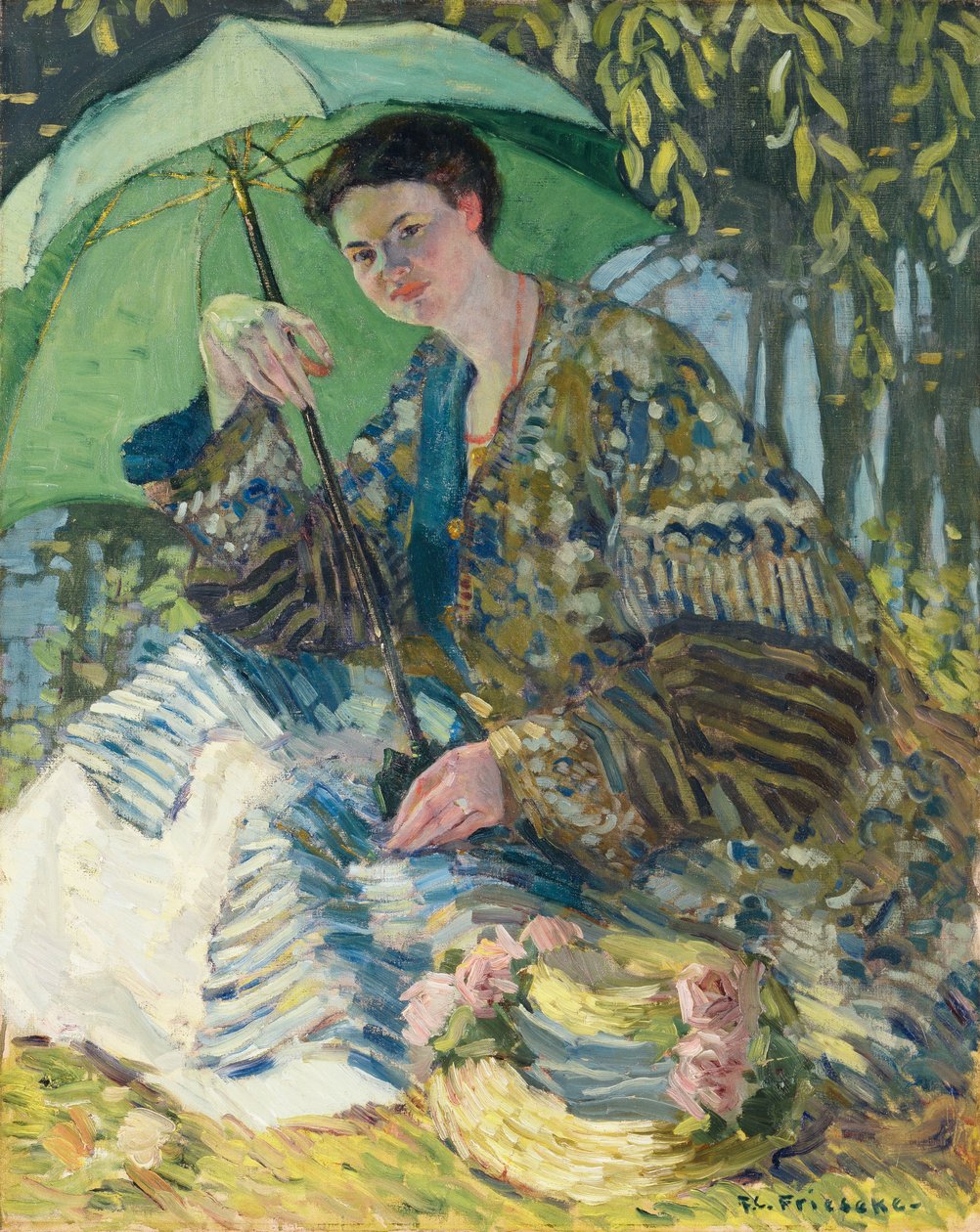 戴阳伞的女士，约1905年（布面油画） 作者 弗雷德里克·卡尔·弗里泽克