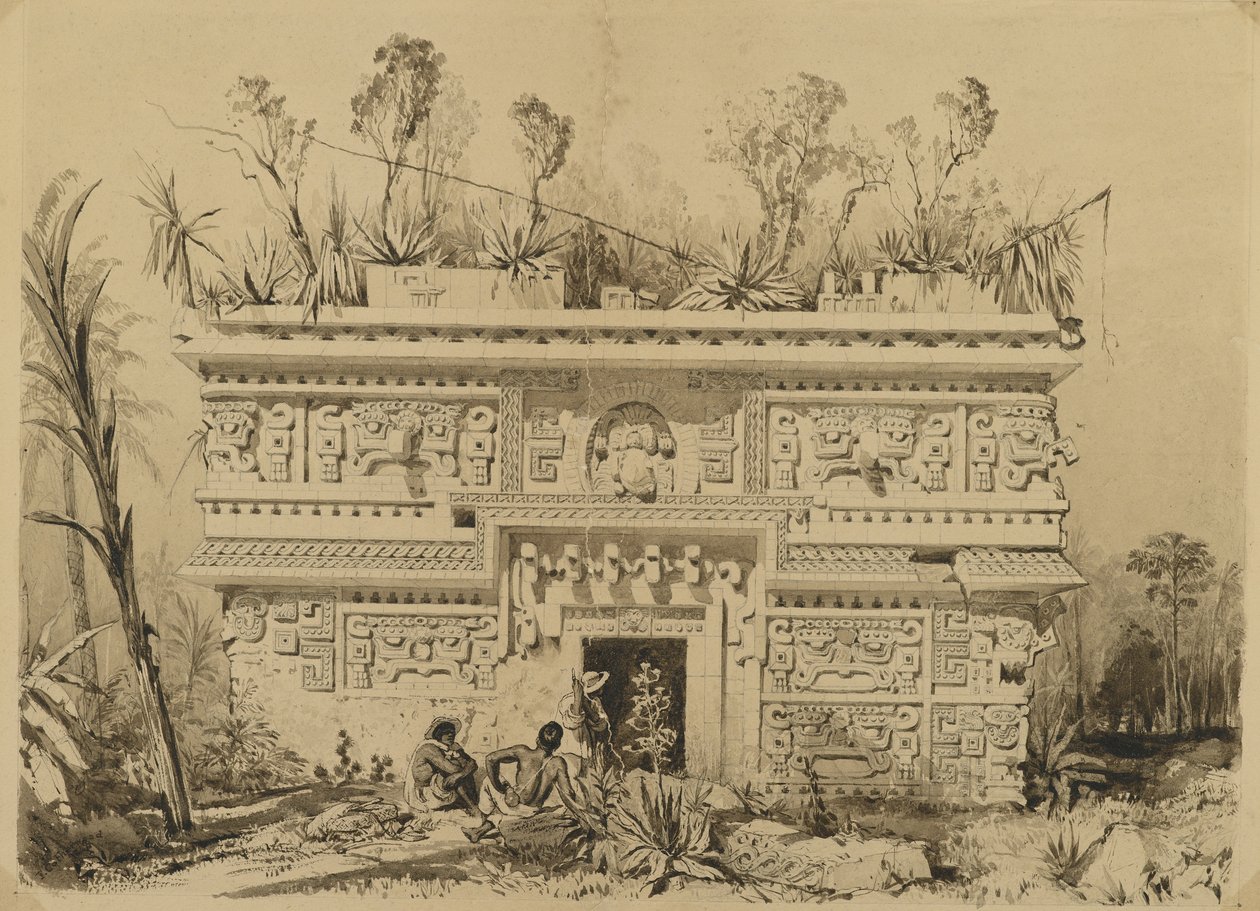 Las Monjas，奇琴伊察，尤卡坦，1843年（在纸上用棕褐色墨水和水洗） 作者 弗雷德里克·凯瑟伍德