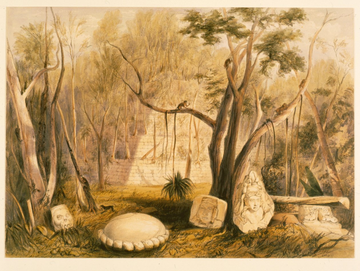 科潘的金字塔式建筑和雕塑碎片，插图来自“中美洲，恰帕斯和尤卡坦的旅行事件”，John Lloyd Stephens，1844年 作者 弗雷德里克·凯瑟伍德