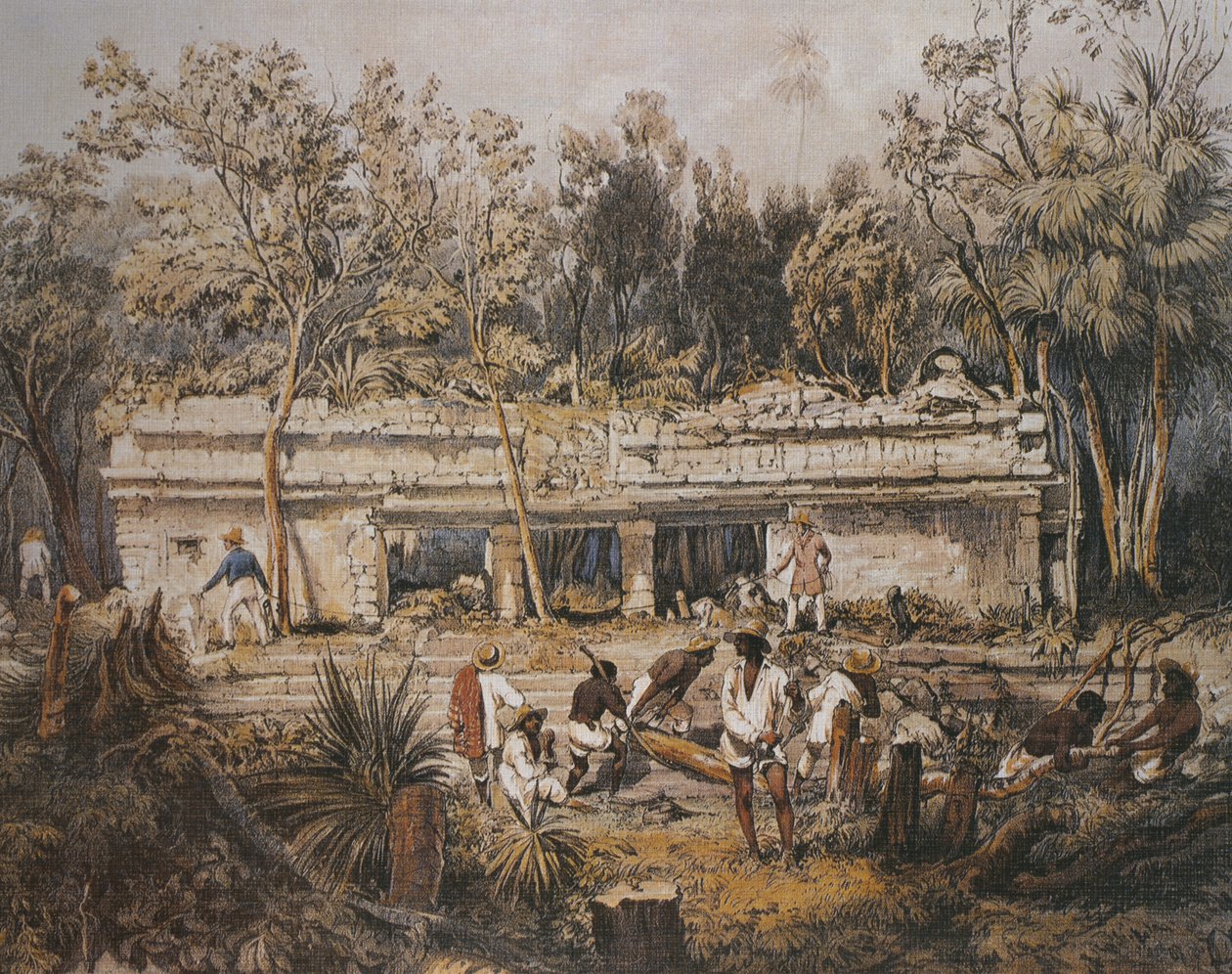考古学家弗雷德里克·凯瑟伍德和约翰·劳埃德·斯蒂芬斯（John Lloyd Stephens）测量了墨西哥尤卡坦（Yucatan）图卢姆（Tulum）的寺庙，插图来自“中美洲古代纪念碑，恰帕斯和尤卡坦”， 作者 弗雷德里克·凯瑟伍德