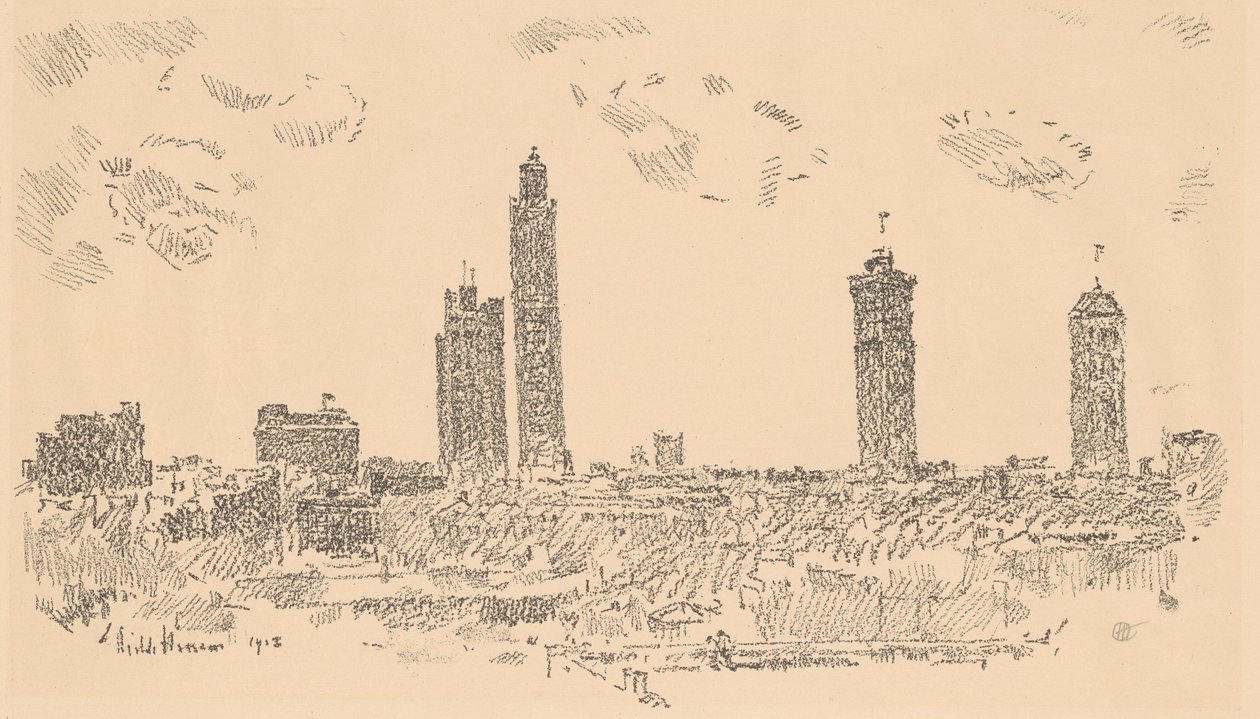 纽约天际线，黑暗建筑，1918年。 作者 弗雷德里克·柴尔德·哈萨姆