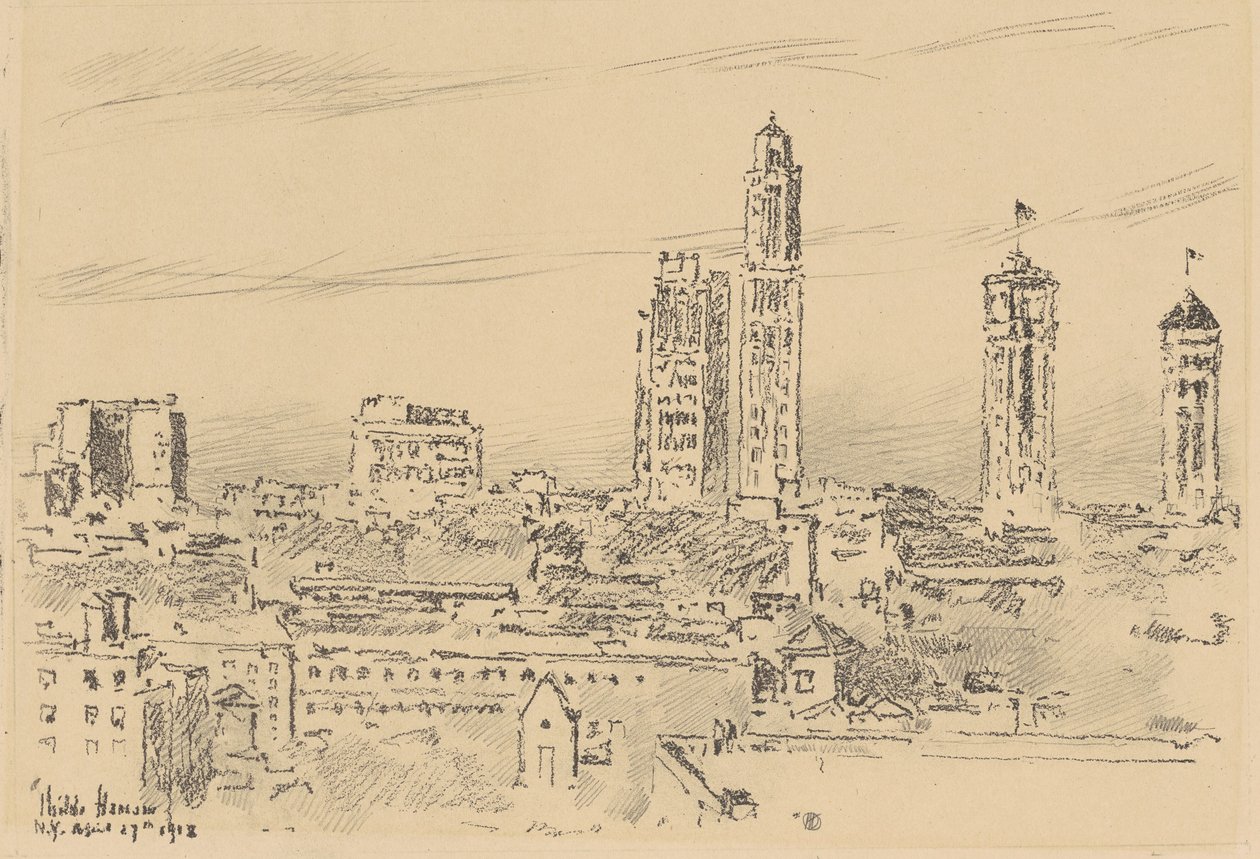 纽约天际线，轻型建筑，1918年。 作者 弗雷德里克·柴尔德·哈萨姆