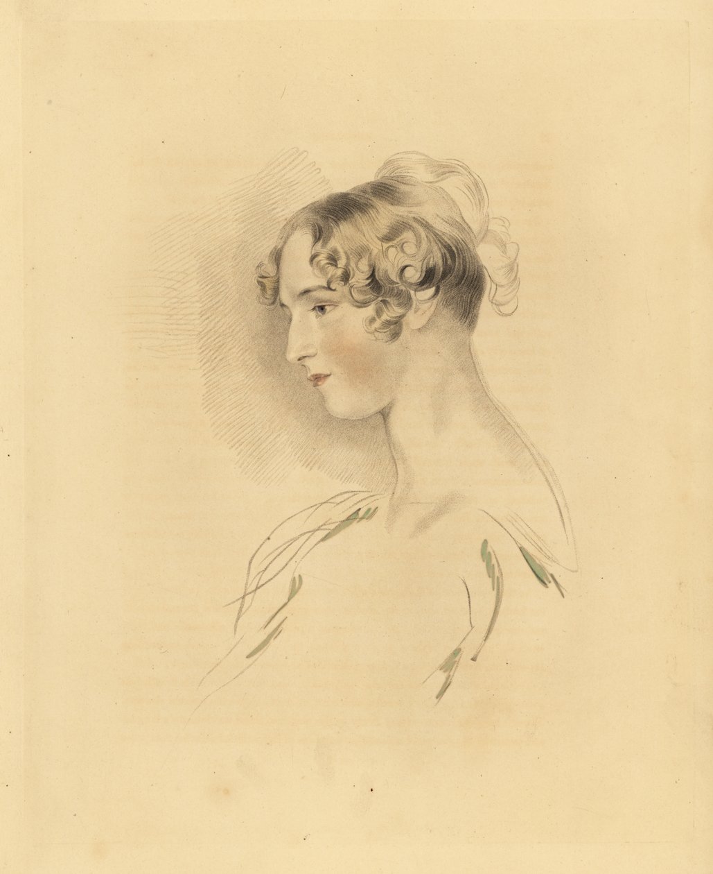 玛丽·伊莎贝拉·布洛沙姆 (Mary Isabella Bloxam) 年轻时的肖像，托马斯·劳伦斯爵士的侄女。 她的头发向上卷曲，穿着露肩连衣裙。 弗雷德里克·克里斯蒂安·刘易斯 (Frederick Christian Lewis) 在 P.G. 的托马斯·劳伦斯爵士 (Sir Thomas Lawrence) 插图后雕刻。 帕特莫尔的 G 内阁 作者 弗雷德里克·克里斯蒂安·刘易斯