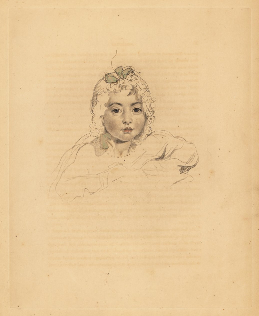 玛丽·伊莎贝拉·布洛沙姆 (Mary Isabella Bloxam) 的肖像，托马斯·劳伦斯爵士的侄女。 在带丝带的帽子里。 弗雷德里克·克里斯蒂安·刘易斯 (Frederick Christian Lewis) 在 P.G. 的托马斯·劳伦斯爵士 (Sir Thomas Lawrence) 绘制插图后手工着色雕刻。 帕特莫尔的宝石柜，阿克曼，伦敦 作者 弗雷德里克·克里斯蒂安·刘易斯
