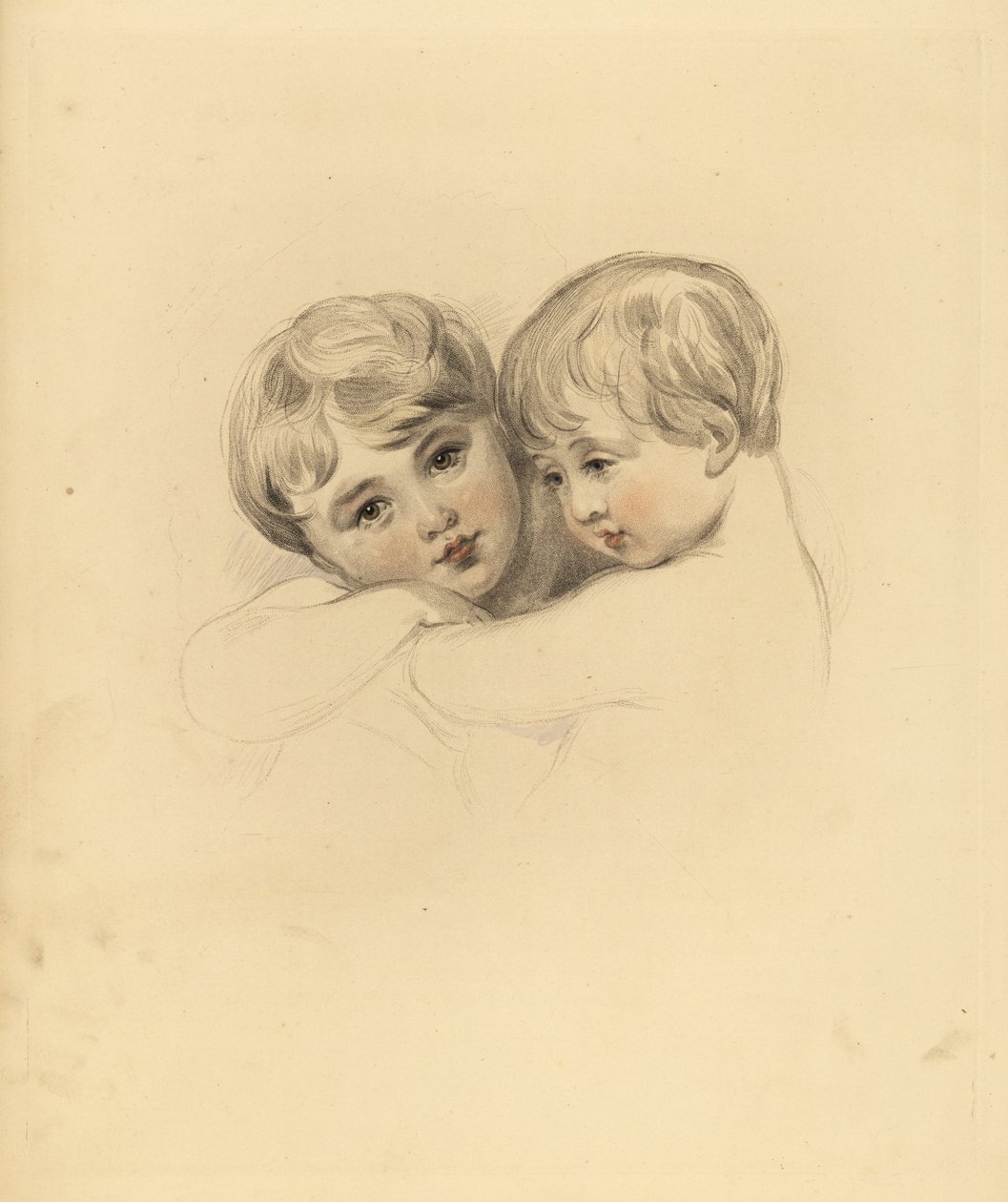Calmeady 孩子们拥抱的画像。 弗雷德里克·克里斯蒂安·刘易斯 (Frederick Christian Lewis) 在 P.G. 的托马斯·劳伦斯爵士 (Sir Thomas Lawrence) 绘制插图后手工着色雕刻。 帕特莫尔的宝石柜，阿克曼，伦敦 作者 弗雷德里克·克里斯蒂安·刘易斯