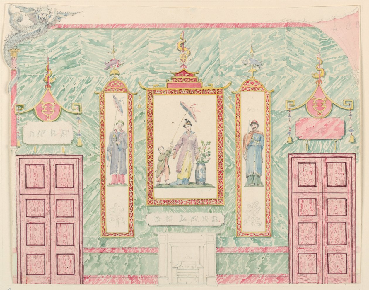 绘图，墙面立面图，可能用于布赖顿皇家馆宴会厅，1815-22 年 作者 弗雷德里克·克莱斯