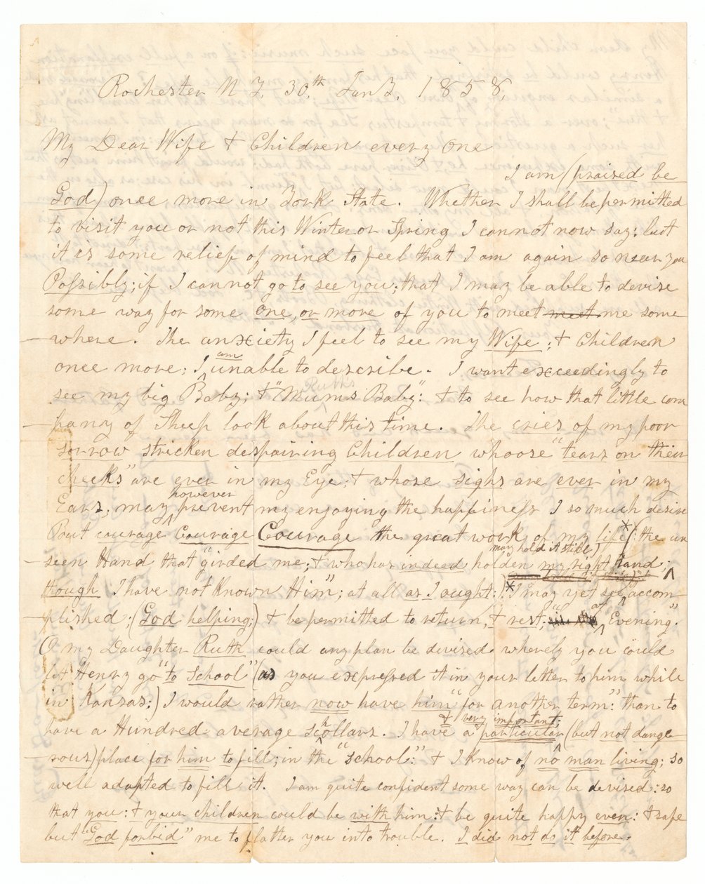 约翰-布朗和弗雷德里克-道格拉斯写给布朗的妻子和孩子的信，1858年1月30日。 作者 弗雷德里克·道格拉斯