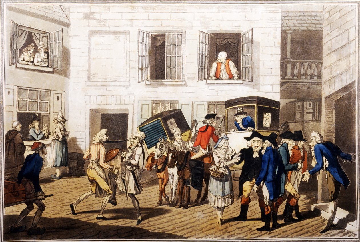 Inn at Yard at Calais，pub。作者：William Holland，伦敦，1790年（手工彩色aquatint） 作者 弗雷德里克·乔治·拜伦