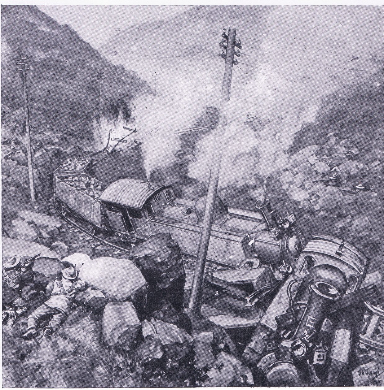Vlakfontein附近的装甲火车的破坏，比勒陀利亚之后的插图：游击战争，1902年 作者 弗雷德里克·贾德·沃