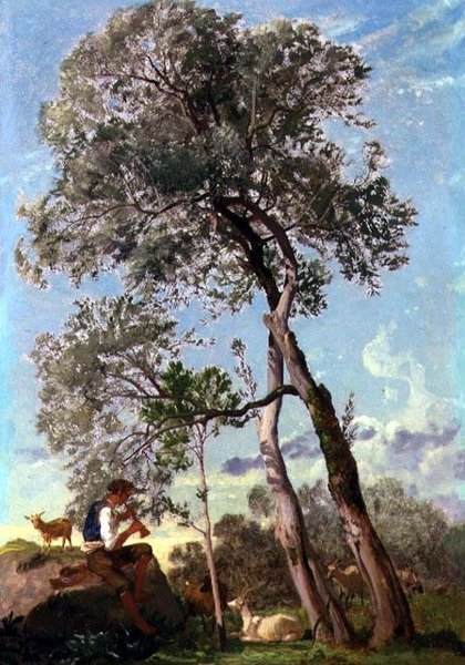 在坎帕尼亚，一个牧羊人在吹笛子（纸上油画，铺在木板上）。 作者 弗雷德里克·李·布莱德尔