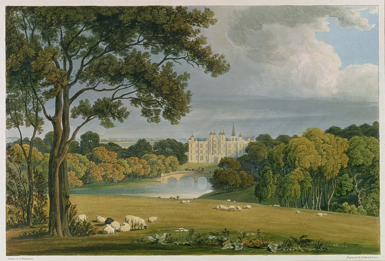 Burghley House的视图，埃克塞特侯爵的座位，由Robert Havell（1769-1832）雕刻并出版，1819年（彩色雕刻） 作者 弗雷德里克·麦肯齐