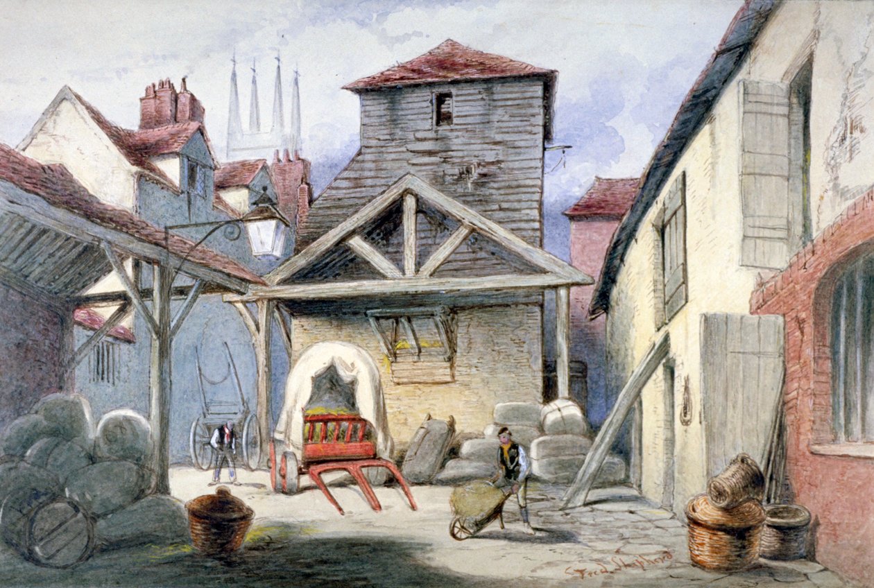 伦敦市法灵顿街玫瑰旅馆的院子，1838年。    作者 腓特烈拿破仑牧羊犬