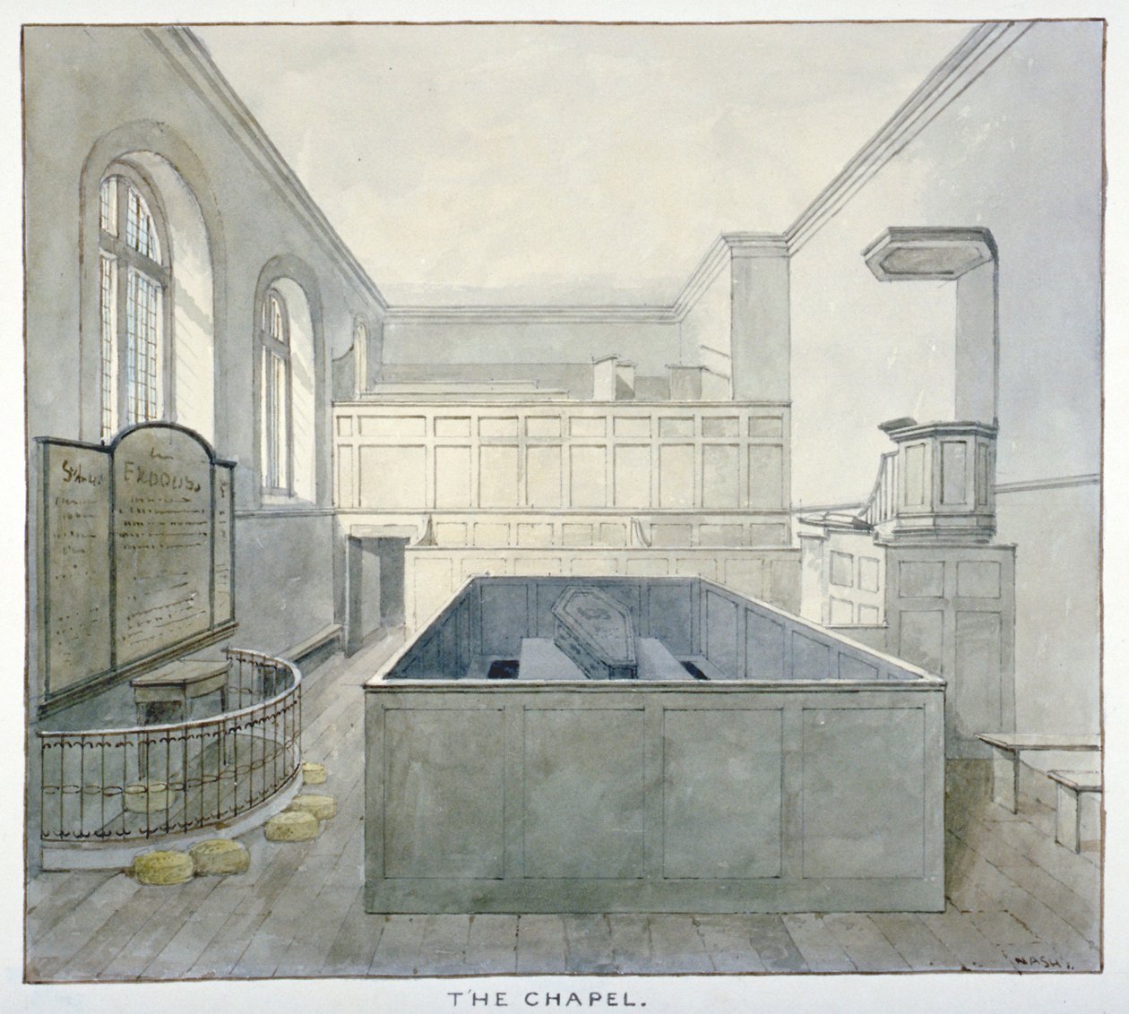 伦敦市老贝利区纽盖特监狱的小教堂内景，1840年 作者 弗雷德里克·纳什（Frederick Nash）
