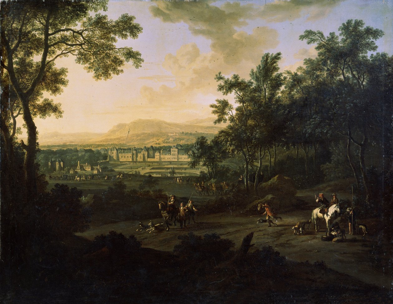 有猎人的风景。Frederick de Moucheron（1633-1686 年）的画作。布面油画，荷兰艺术，巴洛克风格。乌克兰塞瓦斯托波尔米哈伊尔-克罗希茨基艺术博物馆 作者 弗雷德里克·德穆什龙