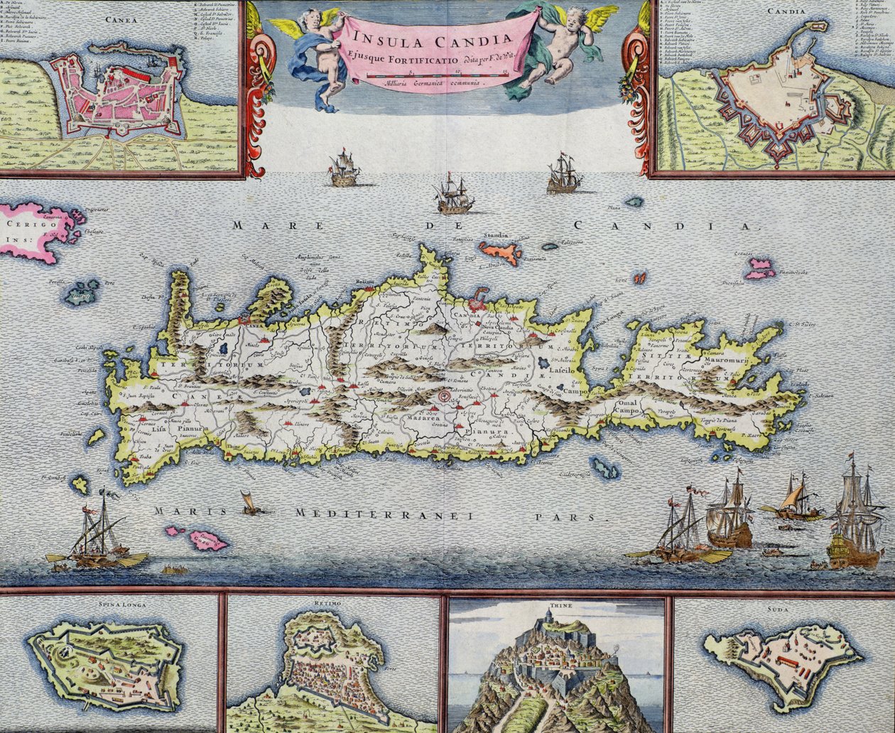 Candia（克利特）海岛的地图有Herakleion海港的，c.1680 作者 弗雷德里克·德·威特