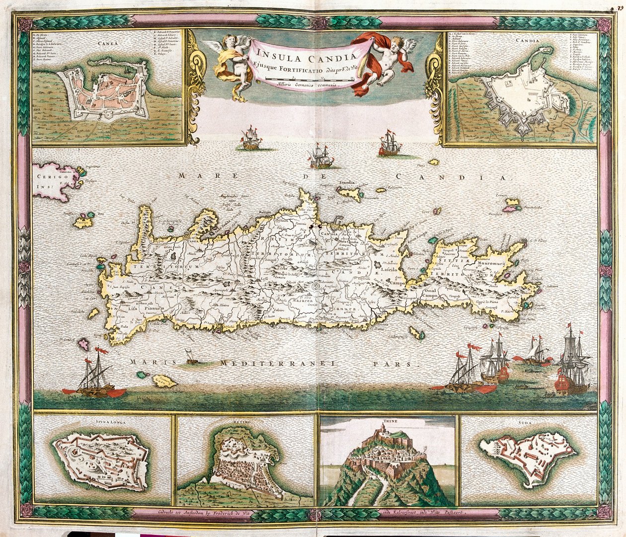 克里特岛地图，可以看到坚固的城镇 La Cane 和 Heraklion 以及 Spinalonga、Retino、Tine 和 Souda 的堡垒（蚀刻 作者 弗雷德里克·德·威特