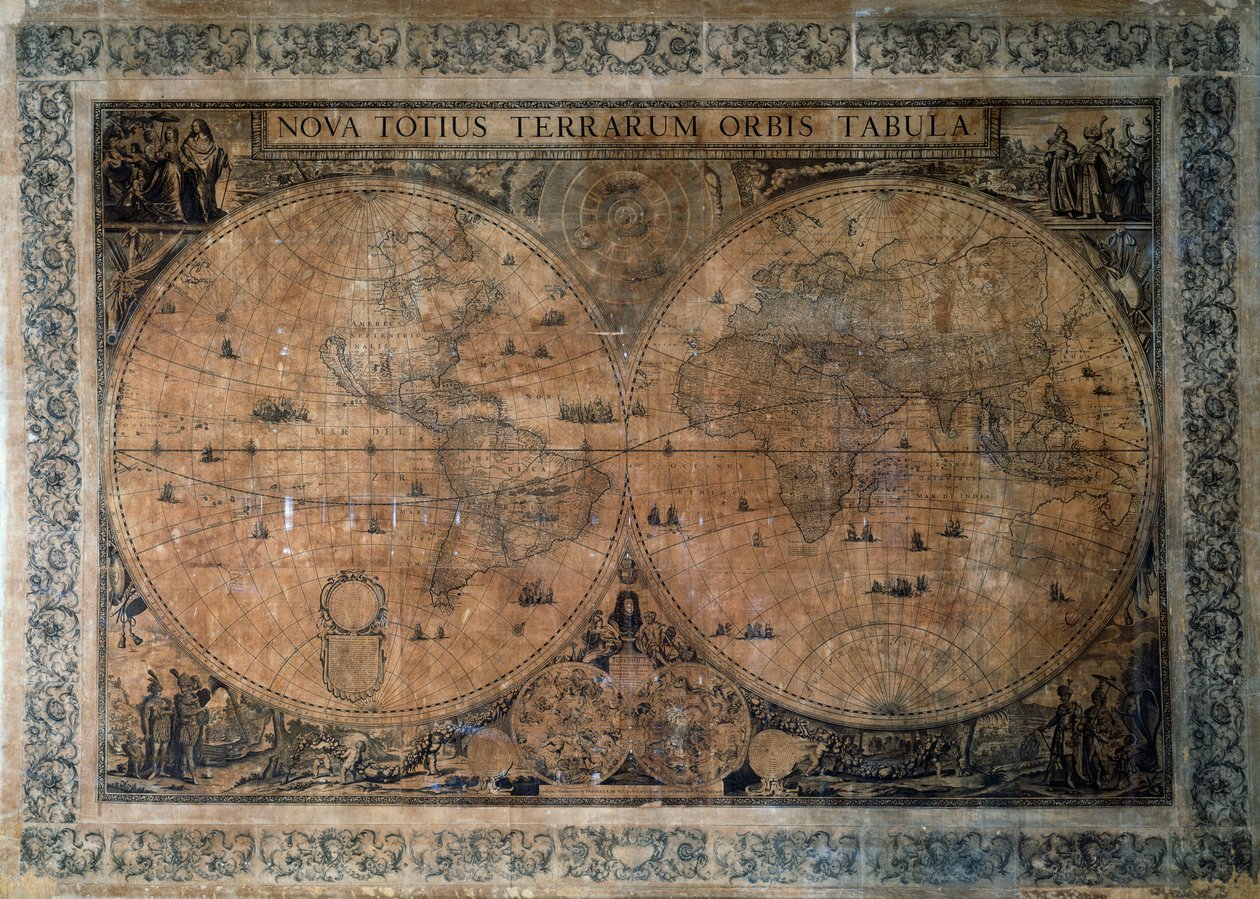 Nova Totius Terrarum Orbis Tabula，弗雷德里克-德-威特（1629-1630 - 1706 年）绘制的双半球世界地图，献给约瑟夫一世皇帝，铜版画 作者 弗雷德里克·德·威特