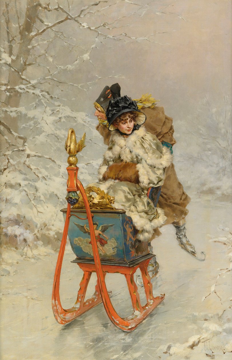 ""La promenade en Luge" (The Sleigh Ride) Peinture de Frederik Hendrik Kaemmerer (1839-1902) - 布面油画，59,9x40,1 - 私人收藏 作者 弗雷德里克·亨德里克·凯默勒